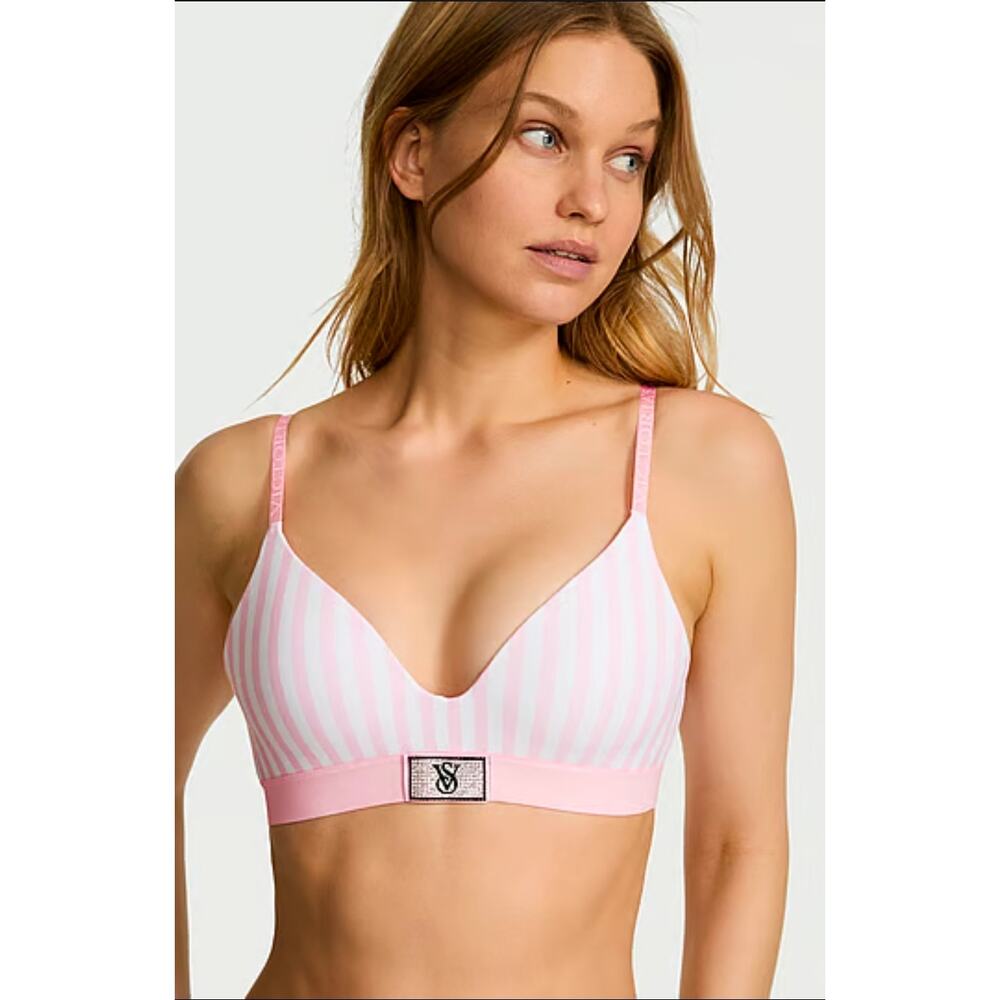 Victoria's Secret Pink Stripe T-Shirt Shine Patch Lightly Lined Wireless Bra 32D